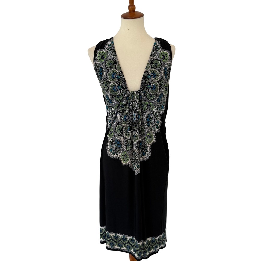Vtg Maggy London Black Paisley Halter Dress Open Back Deep V-Neck Size 14 Y2K